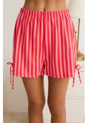  Collection White-Pink 100% Cotton Striped Lacing Detail Shorts Knitted Pajamas Set Thmss25Pt00145