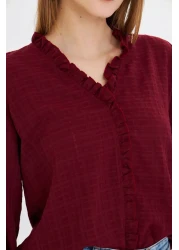 armonika Women's Burgundy Long Sleeve Blouse with Ruffle Detail on the Collar and Elastic Sleeves Arm-25K 001030