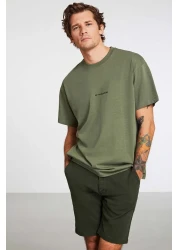 GRIMELANGE River Men's - Embroidery Detailed Oversize Khaki T-Shirt 100% Organic Cotton