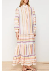  Modest Linen Look Woven Dress with Multi-Colored Striped Skirt and Ruffles TCTSS24EB00105