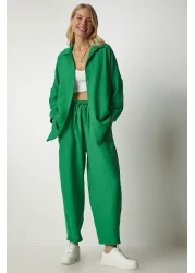 Happiness İstanbul Women's Green Linen Shirt Baggy Trousers Set DZ00080