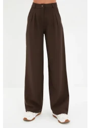  Collection بنطال منسوج بني بأرجل واسعة وطيات - TWOAW22PL0475