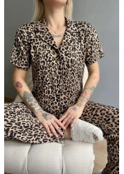 Pijamaevi ليوبارد منقوشة محبوك الجبهة زرر قصيرة الأكمام منامة المرأة