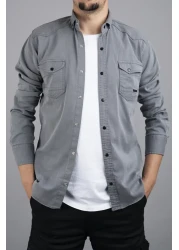 bombe قميص جينز قطني رمادي اللون للرجال بقصة ضيقة