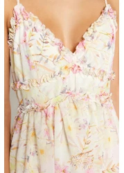  Collection فستان طويل منسوج من الشيفون مزين بنقشة زهور بيضاء على شكل حرف A TWOSS23EL02013