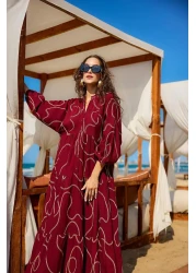 LOCCO فستان نسائي بتفاصيل خياطة ذهبية باللون الأحمر الداكن