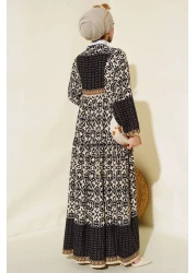Bigdart Women's Black Cream Patterned Viscose Hijab Dress 2423