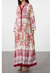  Modest فستان منسوج من الفيسكوز باللون العنابي مزين بالزهور - TCTSS24EB00221