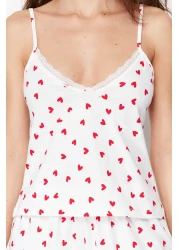  Collection طقم بيجامة محبوك من القطن الأبيض 100% دانتيل محبوك على شكل قلب مع حمالات وشورت THMSS24PT00106