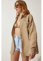 Happiness İstanbul قميص موسلين كبير الحجم بجيب بيج للنساء MX00150