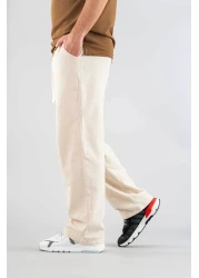 bombe Men's Beige Linen Trousers Comfortable Fit Belted Drawstring Elastic Waist Linen Trousers