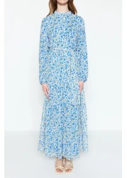  Modest Light Blue Floral Print Belted Stand Collar Lined Chiffon Woven Dress TCTSS21EL3346