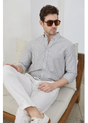 RAVANELLI قميص رجالي من القطن والكتان مخطط باللون الأسود بقصة ضيقة