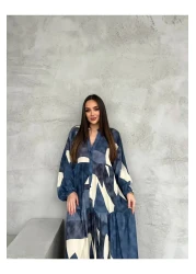 PREMİER VİE Marineblau Ecru Viskose Dress with Teseture Pattern