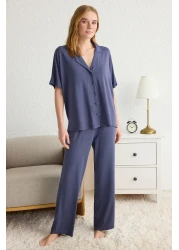  Collection Navy Blue Comfortable Fit Viscose Maternity Knitted Pajamas Set Thmss25Pt00165