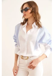 Olalook قميص نسائي بتفاصيل مخططة باللون الأبيض والأزرق GML- 19001294