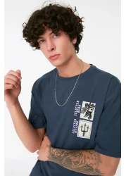  Collection تي شيرت قطني كبير الحجم مطبوع باللون الأزرق الداكن - كم قصير TMNSS21TS3559