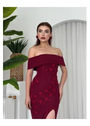 Afiş Butik Burgundy Madonna Collar Floral Embroidered Slit Long Dress
