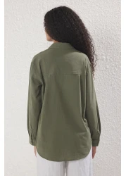  Collection Khaki Cotton Blended Linen Look Oversize Wide Fit Woven Shirt Twoss25Go00096