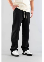 bombe Men's Black Linen Trousers Comfortable Fit Belted Drawstring Elastic Waist Linen Trousers