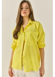 Bianco Lucci قميص كتان نسائي كبير الحجم بجيب مزدوج