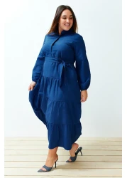  Modest Saks Belted Chief Collar Button Detail Woven Dress TCTSS21EL3343