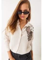 Bianco Lucci Women's Bow Patterned Bead Stone Embroidered Linen Aerobin Oversize Shirt 60283031