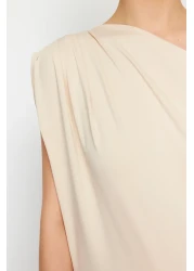  Collection Asymmetrical Neckline and Zero Sleeve Stretchy Knitted Blouse - Stone Regular Fit Twoss24Bz00396