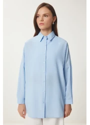 Happiness İstanbul قميص نسائي أساسي طويل كبير الحجم باللون الأزرق السماوي DD00842