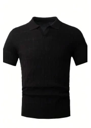 Tarz Cool Men's Black Thin Hair Braided Slim Fit Polo Neck Knitwear T-Shirt