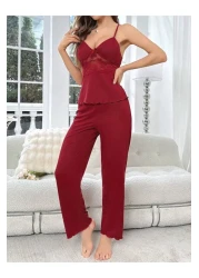 Aura ZEHRA طقم نسائي بحمالات من الدانتيل باللون العنابي