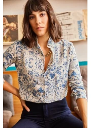 Olalook Women's Ecru Blue Patterned Viscose Shirt GML-19000891