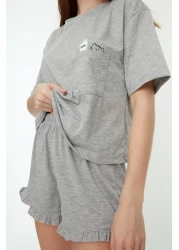  Collection طقم بيجامة محبوكة مع شورت مطبوع مكشكش من القطن باللون الرمادي THMSS22PT0422