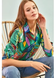 Bianco Lucci قميص فيسكوز نسائي مطوي وأكمام منقوشة بأوراق متعددة