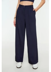  Collection Navy Blue High Waist Wide Leg / Wide Leg Striped Woven Trousers TWOSS22PL0100
