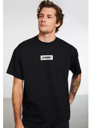 GRIMELANGE Inventıon Men's 100% Organic Cotton Thick Textured Print Detailed Oversize Black T-Shirt