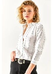 Olalook قميص نسائي من الكتان بتفاصيل خياطة بيضاء GML-19001144