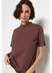  Collection تي شيرت منسوج بياقة واقفة أساسي من القطن بنسبة 100% مكون من قطعتين باللون البني والبيج TWOSS20TS1500