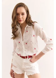Olalook Women's White Red Colorful Floral Cotton Scallop Shirt Gml-19001326