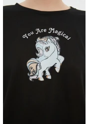  Collection طقم بيجامة محبوكة من القطن الأسود مع تفاصيل الأنابيب المطبوعة الترفيهية THMSS21PT0953