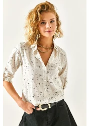 Olalook قميص كتان نسائي بيج بأكمام منقوشة بالزهور GML-19000825