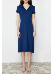  Collection Navy Blue Polo Neck Skater/Waist Opened Cotton Stretchy Knitted Midi Dress TWOSS24EL00480
