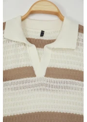  Collection Limited Edition Ecru Regular Polo Neck Striped Knitwear Polo Neck T-Shirt Tmnss24Po00004