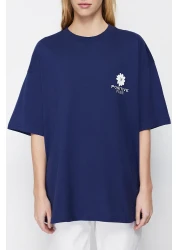  Collection Navy Blue 100% Cotton Back Printed Oversize/Wide Fit Crew Neck Knitted T-Shirt TWOSS23TS00321