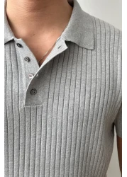 Tarz Cool Men's Gray Corded Buttoned Polo Neck Knitwear T-Shirt