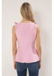  Collection Pink Zero Sleeve Peplum Waist Hugging Shoulder Bow Detail Knitted Blouse Twoss25Bz00482