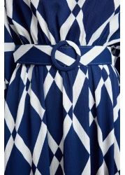  Modest فستان منسوج مجعد باللون الأزرق الداكن - تفاصيل الحزام TCTSS24EB00233