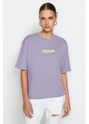  Collection Lilac 100% Cotton Slogan Printed Relaxed/Comfortable Fit Crew Neck Knitted T-Shirt TWOSS21TS0316