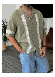 BYBASICMAN قميص كاكي مطرز بالدانتيل بأكمام قصيرة V-847