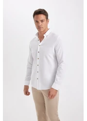 Defacto Modern Fit Buttoned Polo Neck Linen Look 100% Cotton Long Sleeve Shirt T6284Azns